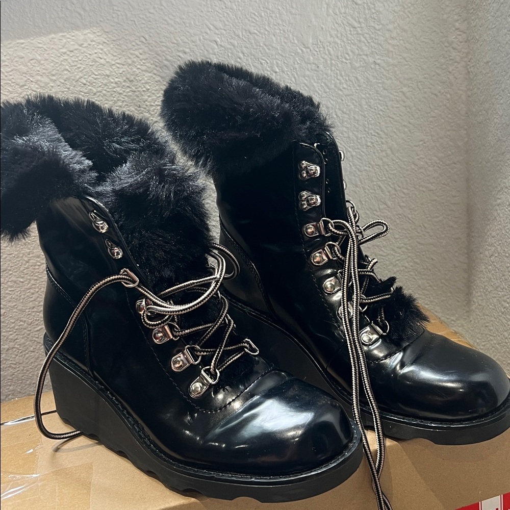 INC International Concepts Black Ankle Boots with Fur Trim